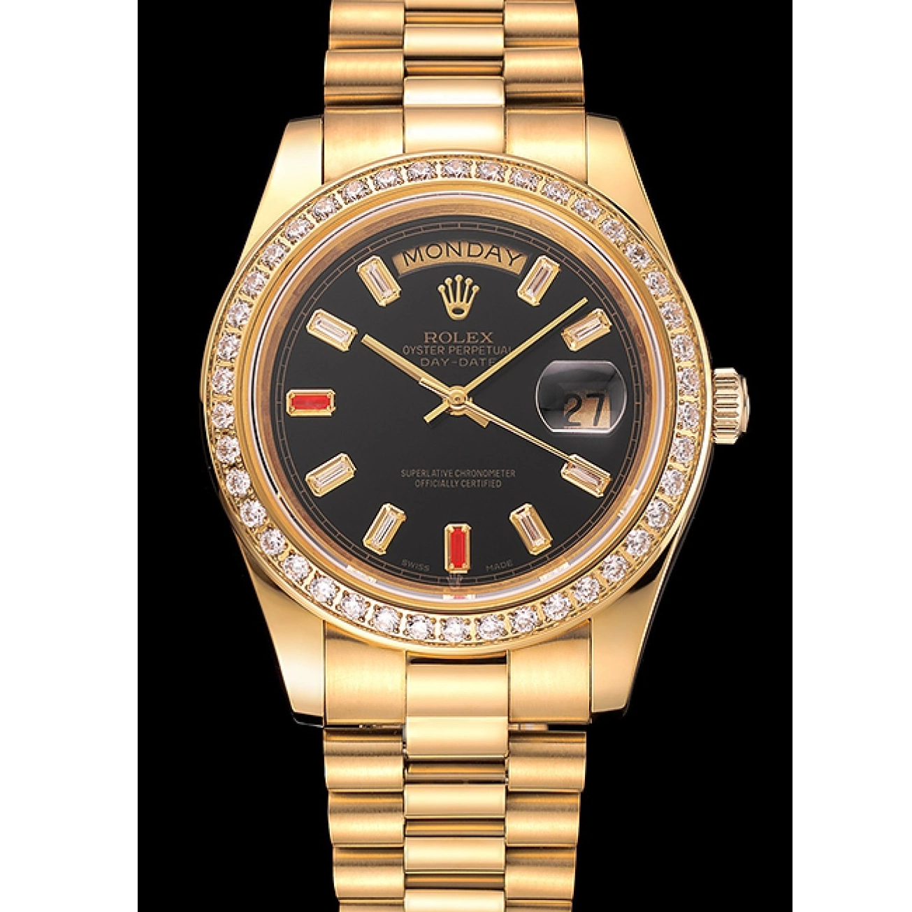 Aaa fake watches Dial Gold Rolex Bracelet Rubies Diamonds Black 1454101 Day-Date And Swiss 0624